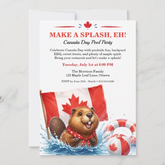Grappige bever Canada Day zwembadfeest uitnodiging (Voorkant)
