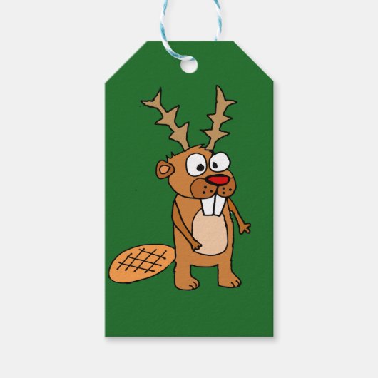 Grappige Bever met Rendier Antlers Kerstkunst Cadeaulabel (Voorkant)