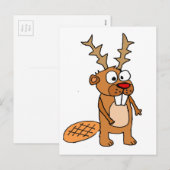 Grappige Bever met Rendier Antlers Kerstkunst Feestdagenkaart (Voorkant / Achterkant)