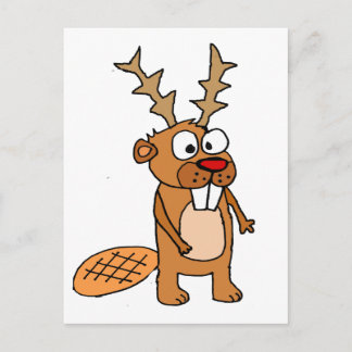 Grappige Bever met Rendier Antlers Kerstkunst Feestdagenkaart