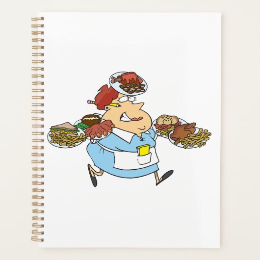 Grappige Bezige serveerster Overwerkte Ober Planner (Voorkant)