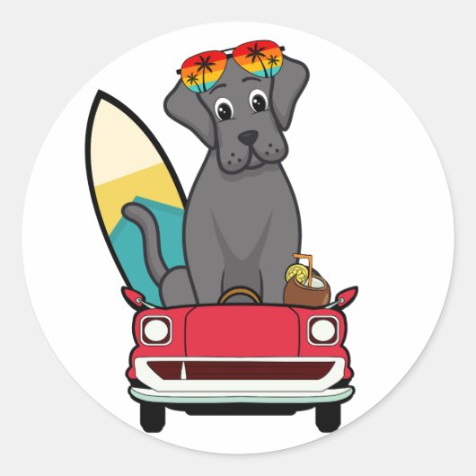 Grappige Big Black Dog rijdt naar het strand Ronde Sticker (Voorkant)