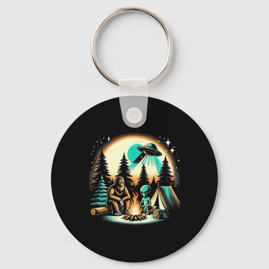 Grappige Bigfoot & Alien Ufo Camping Buitenluchtsa Sleutelhanger (Voorkant)