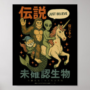 Grappige Bigfoot Alien Unicorn Japanse kunst Mythi Poster