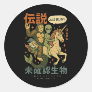 Grappige Bigfoot Alien Unicorn Japanse kunst Mythi Ronde Sticker