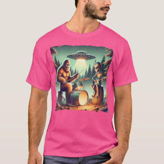 Grappige Bigfoot met drums en alien die elektrisch T-shirt