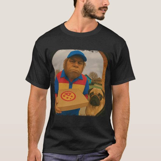 Grappige Bigfoot Pizza Bezorg Pug Deur Camera Hall T-shirt (Voorkant)