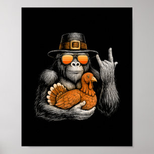 Grappige Bigfoot Rock On Kalkoen Vintage Thanksgiv Poster