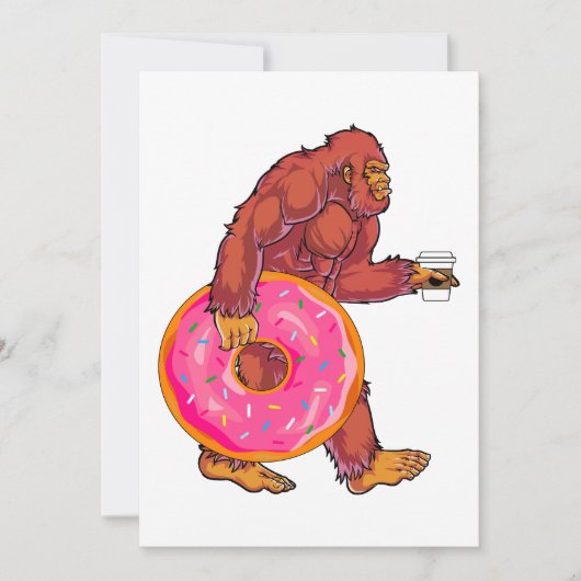 Grappige Bigfoot Walking met Grote Donut en Koffie Feestdagenkaart (Voorkant)