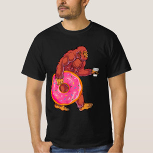 Grappige Bigfoot Walking met Grote Donut en Koffie T-shirt