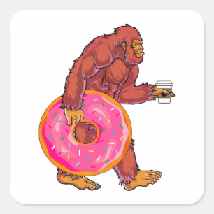 Grappige Bigfoot Walking met Grote Donut en Koffie Vierkante Sticker