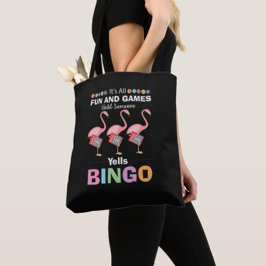 grappige Bingo roze flamingo woordkunst Tote Bag (Dichtbij)