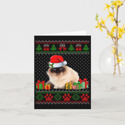 Grappige Birman Cat Santa Hat Lelijke Kersttrui Kaart (Gele Bloem)