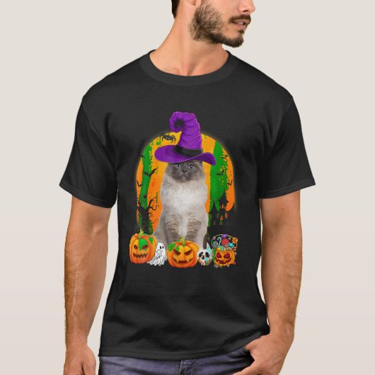 Grappige Birman Kat Halloween Heksenpompoen T-shirt (Voorkant)