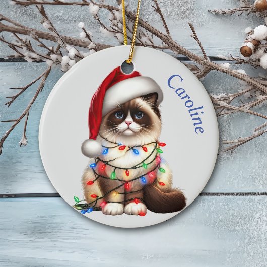 Grappige Birman kat verpakt in kerstverlichting Keramisch Ornament