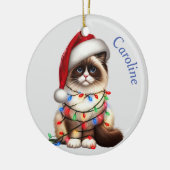 Grappige Birman kat verpakt in kerstverlichting Keramisch Ornament (Links)