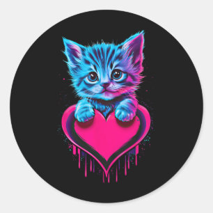 Grappige Blacklight Glitch Kunst Cute Kat Kitten V Ronde Sticker