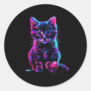 Grappige Blacklight Glitch Kunst Cute Kat Kitten V Ronde Sticker
