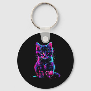Grappige Blacklight Glitch Kunst Cute Kat Kitten V Sleutelhanger