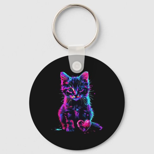 Grappige Blacklight Glitch Kunst Cute Kat Kitten V Sleutelhanger (Voorkant)