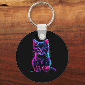Grappige Blacklight Glitch Kunst Cute Kat Kitten V Sleutelhanger (Voorkant)