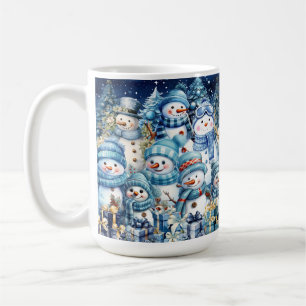 Grappige Blauwe Aquarel Sneeuwman Familie Koffiemok