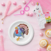 Grappige Blauwe Cartoon Turkije met Patriottische  Papieren Bordje (Feest)