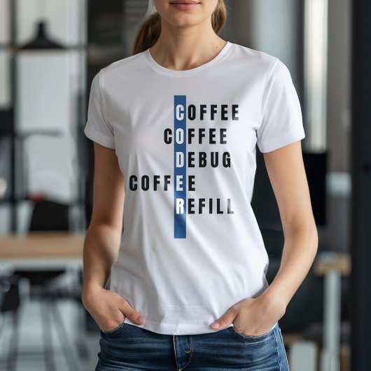 Grappige blauwe computer programmeur koffie debug  t-shirt