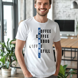 Grappige blauwe computer programmeur koffie debug  t-shirt