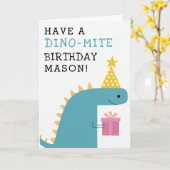 Grappige blauwe dinosaurus verjaardag kaart (Gele Bloem)