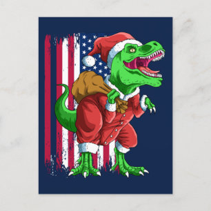Grappige Blauwe Kerstman Santa TRex Tyrannosaurus  Feestdagenkaart