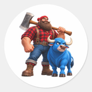 Grappige Blauwe Stier en Houthakker 3D Cartoon Ont Ronde Sticker