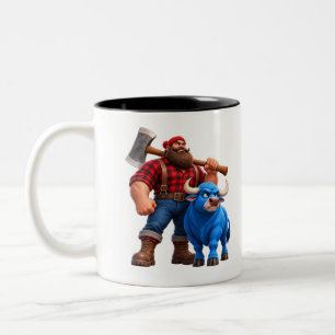 Grappige Blauwe Stier en Houthakker 3D Cartoon Ont Tweekleurige Koffiemok