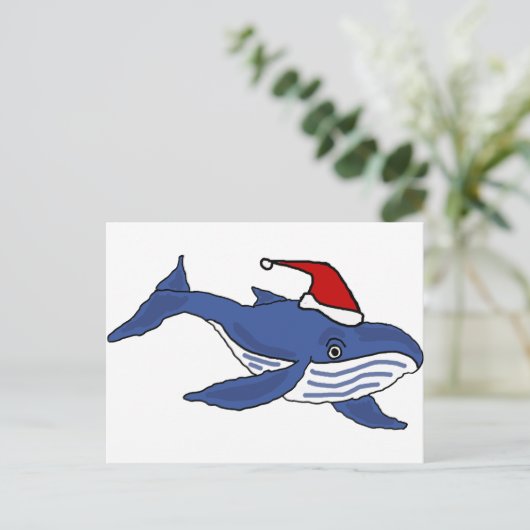 Grappige Blauwe Walvis in Santa hoed Kerstkunst Feestdagenkaart (Staand voorkant)
