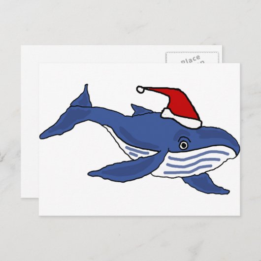 Grappige Blauwe Walvis in Santa hoed Kerstkunst Feestdagenkaart (Voorkant / Achterkant)