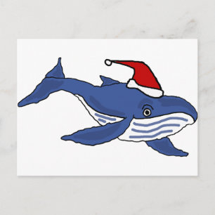 Grappige Blauwe Walvis in Santa hoed Kerstkunst Feestdagenkaart