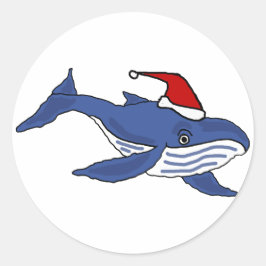 Grappige Blauwe Walvis in Santa hoed Kerstkunst Ronde Sticker