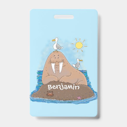 Grappige blije walrus cartoonillustratie badge (Voorzijde)