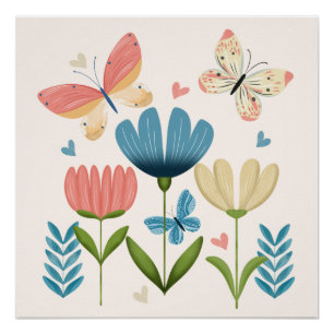 Grappige bloemen en vlinders perfect poster