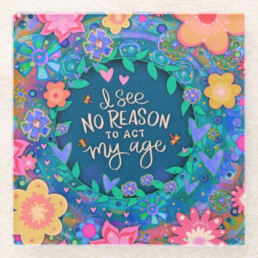 Grappige bloemenblauwe roze act My Age Quote Glazen Onderzetter (Voorkant)