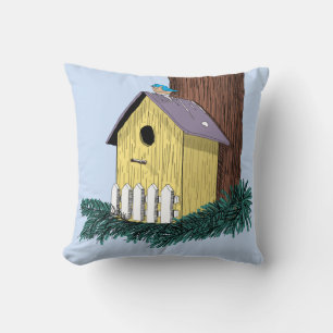 Grappige Bluebird op Birdhouse Kussen