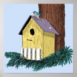 Grappige Bluebird op Birdhouse Poster