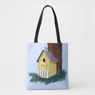 Grappige Bluebird op Birdhouse Tote Bag