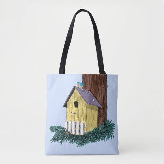 Grappige Bluebird op Birdhouse Tote Bag (Voorkant)