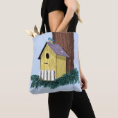 Grappige Bluebird op Birdhouse Tote Bag (Dichtbij)