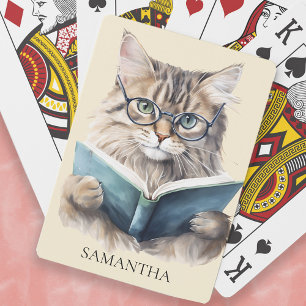 Grappige Boekenwurm Kat Bril Monogram Naam Pokerkaarten