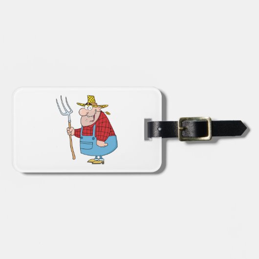 Grappige boer met hooivork overall en strohoed bagagelabel (Voorkant horizontaal)