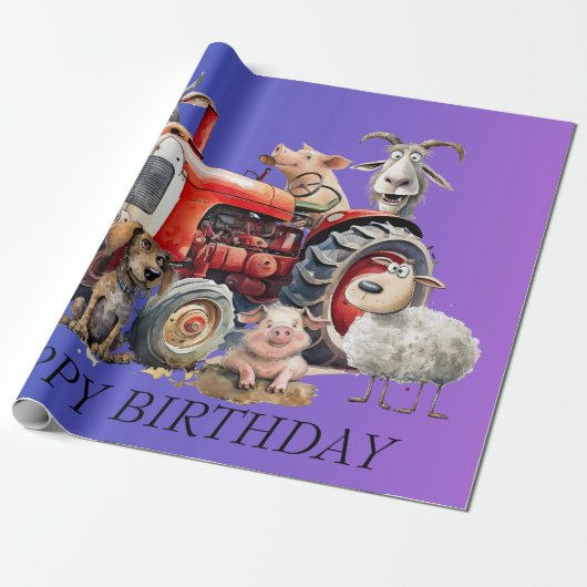 Grappige Boerderij Dieren & Tractor. bewerkbaar Cadeaupapier (Uitgerold)
