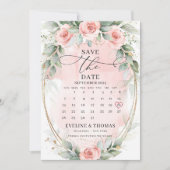 Grappige boho stoffige roze rozen en eucalyptus save the date (Voorkant)