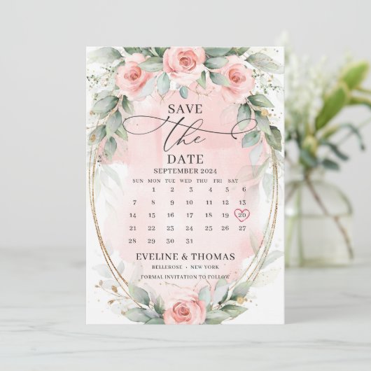 Grappige boho stoffige roze rozen en eucalyptus save the date (Staand voorkant)